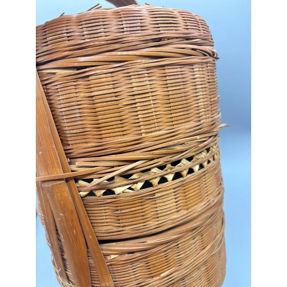 Vintage Chinese Wedding Basket 3 Tier‎ Woven Bamboo Wicker Tiffin Carrier 15
